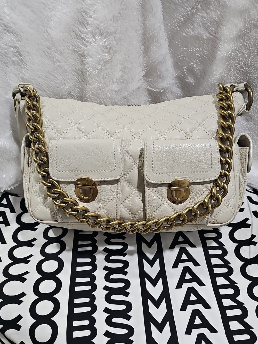 Marc Jacobs Quilted Cream Leather Shoulder Bag with Gold Chain